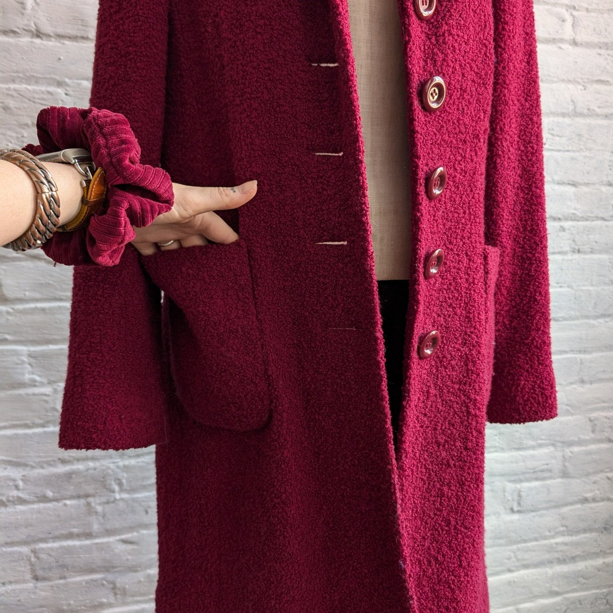 Y2K Vintage Red Trench Coat Boucle Knit Jacket Maroon Pink Wool Jacket Medium