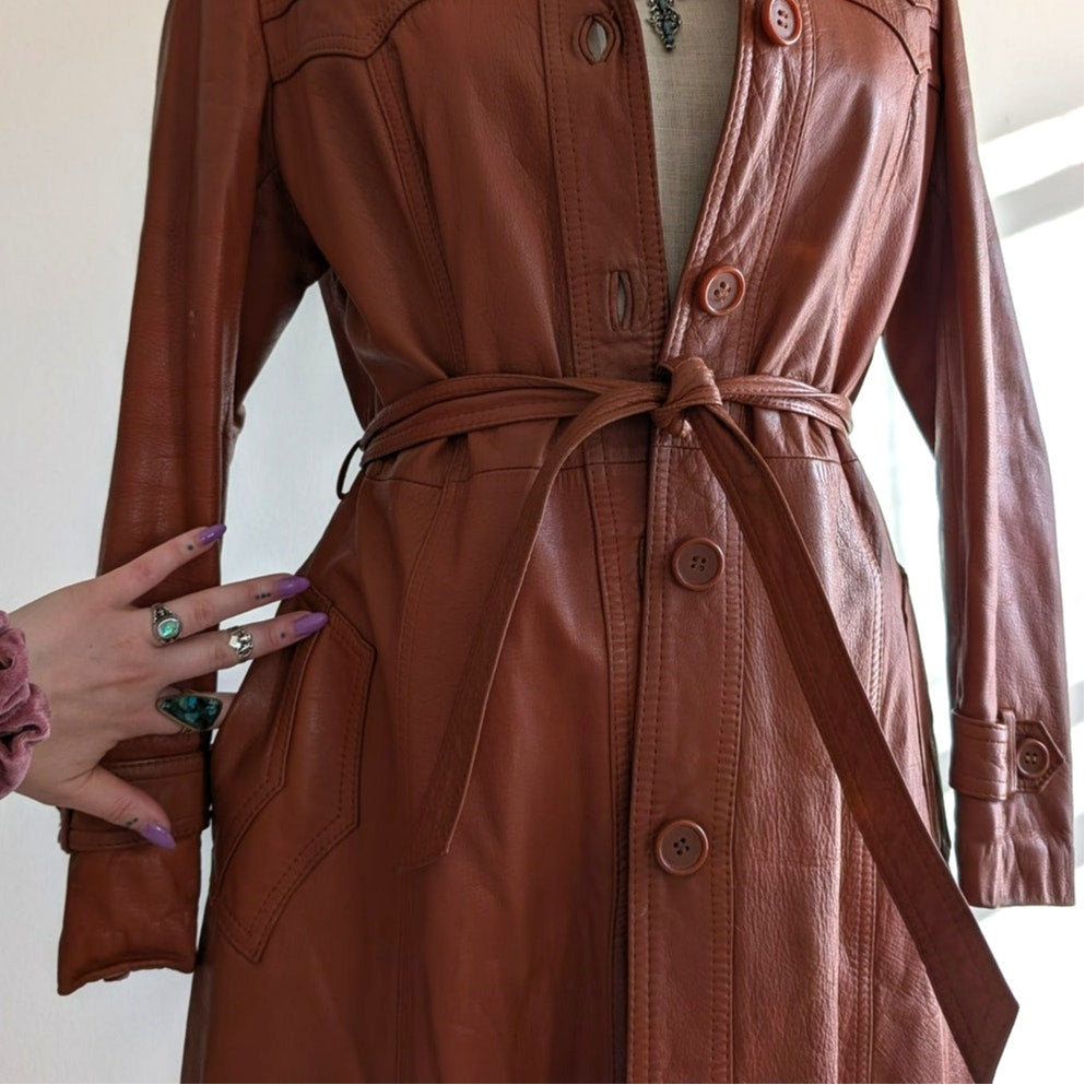 Vintage 70s Orange Brown Leather Trench Coat M Belted Western Boho Duster Jacket