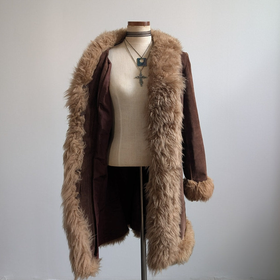 Vintage Brown Suede Penny Lane Jacket Groovy Fur Trim Leather Trench Coat Medium
