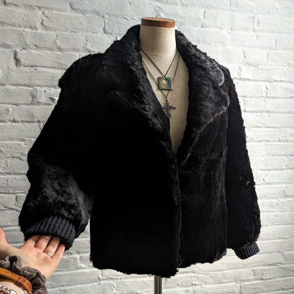 Vintage Black Rabbit Fur Bomber Coat Minimalist Shaggy Furry Fuzzy Moto Jacket