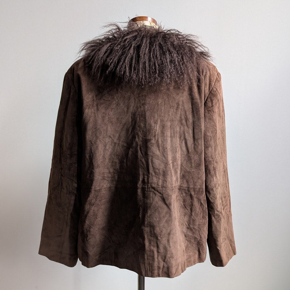 Vintage Brown Suede Penny Lane Jacket Fur Coat Groovy Leather Trench Coat XL