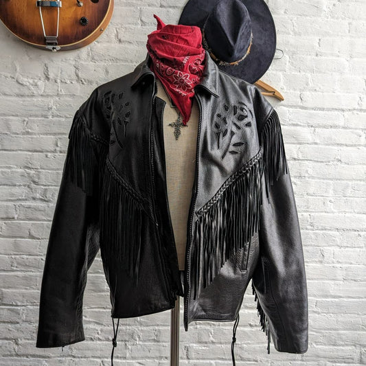 Vintage Black Genuine Leather Biker Jacket Suede Roses Fringe Western Punk Coat