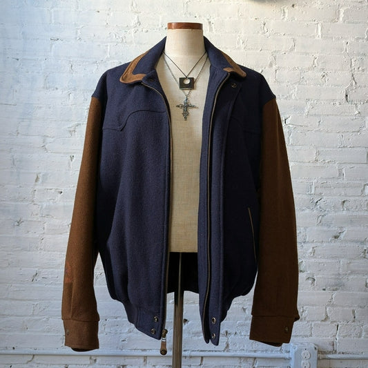 Vintage Navy Wool Leather Bomber Jacket Brown Varsity Western Utility Coat Large