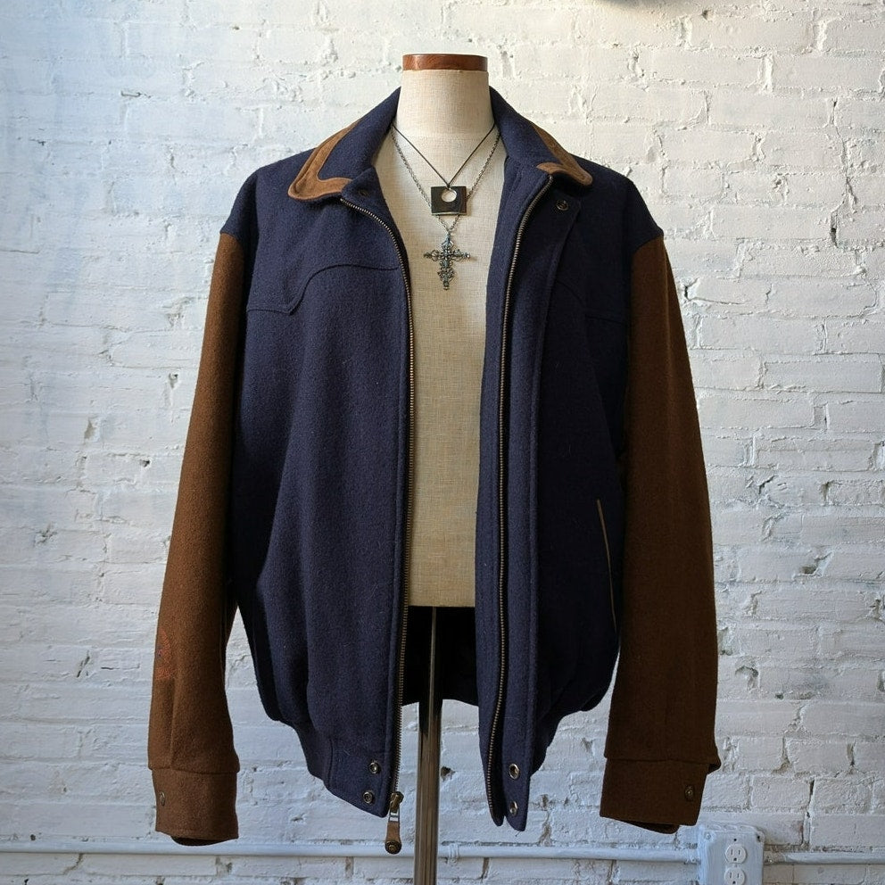 Vintage Navy Wool Leather Bomber Jacket Brown Varsity Western Utility Coat Large