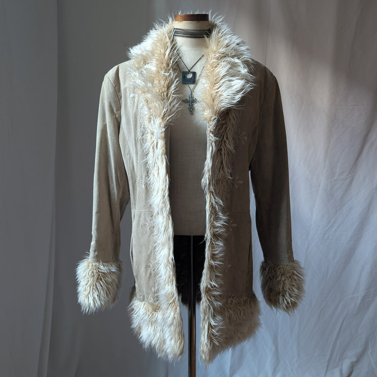 Y2K Vintage Tan Suede Penny Lane Jacket XL Faux Fur Coat Groovy Leather Coat