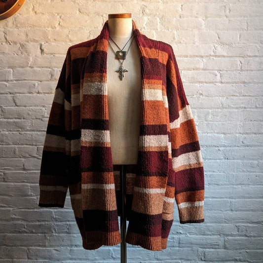Retro 70s Groovy Striped Wool Knit Cardigan Oversize Rainbow Cottagecore Sweater