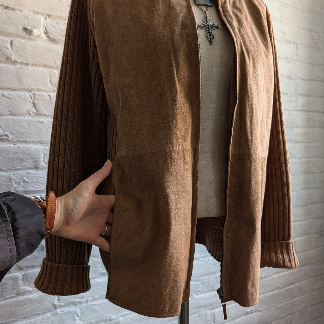 90s Vintage Brown Suede Jacket Vegan Knit Shacket Cozy Boho Western Cardigan