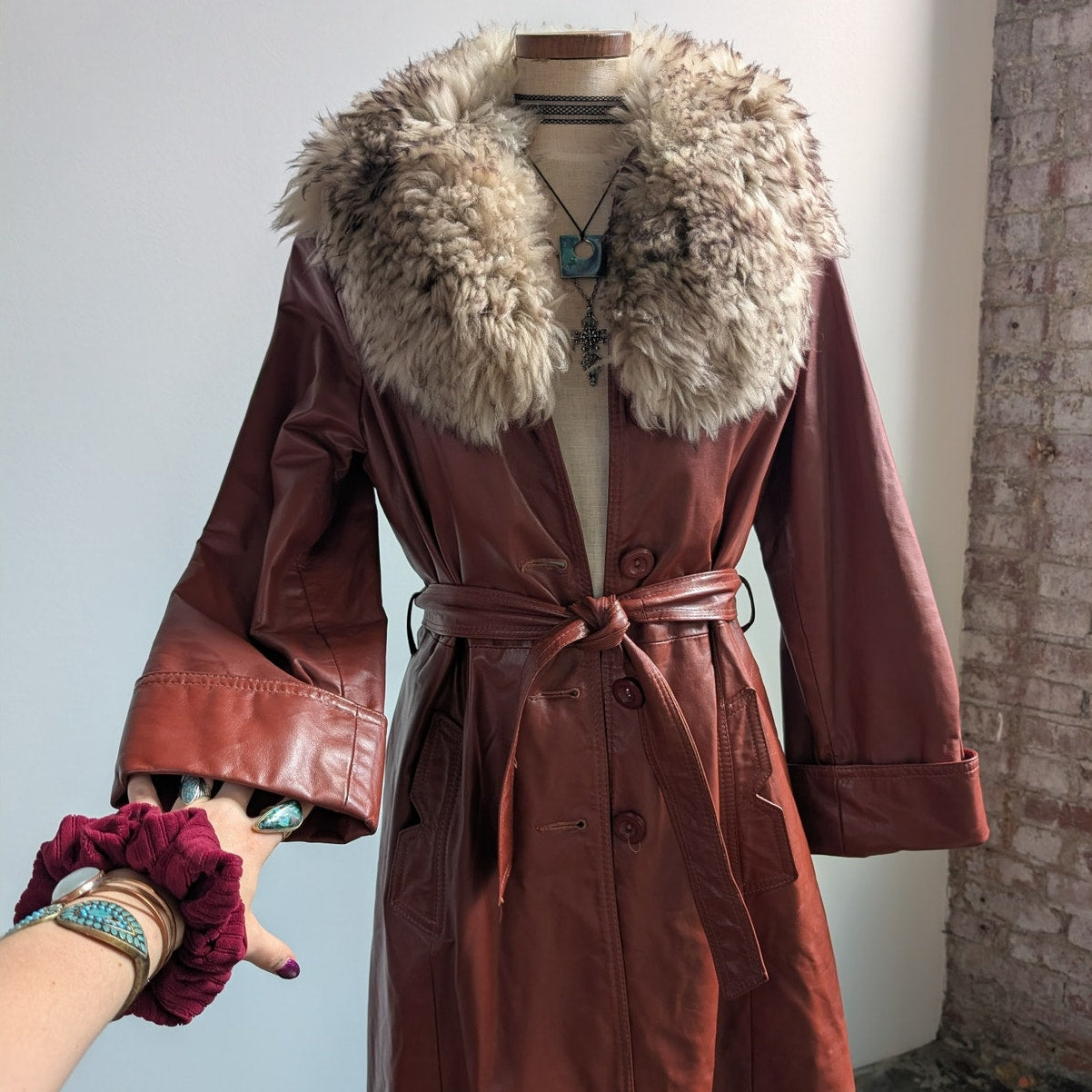 Vintage Leather Jacket Fur Trim Red 70s Penny Lane Boho Trench Afghan Coat Large