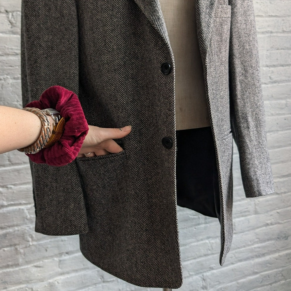 Vintage Wool Chevron Blazer Minimalist Preppy Jacket Chic Office Gray Coat Large
