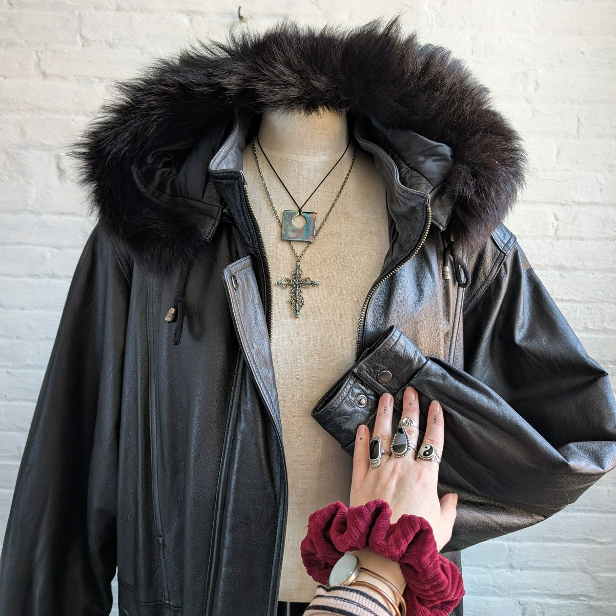 Vintage Black Leather Fox Fur Coat Penny Lane Minimalist Boho Moto Grunge Jacket