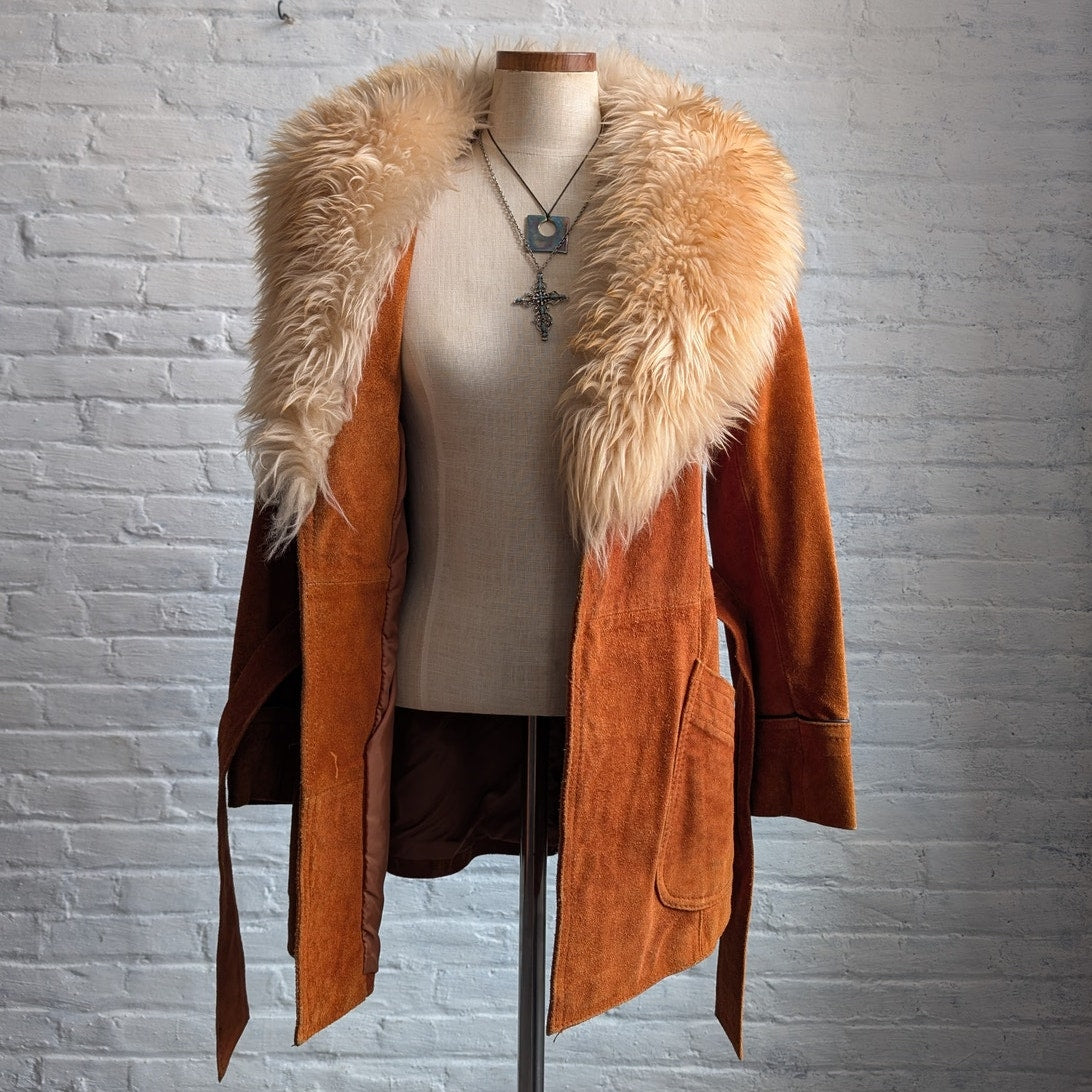 Vintage Orange Suede Penny Lane Jacket Groovy Furry Genuine Leather Trench Coat