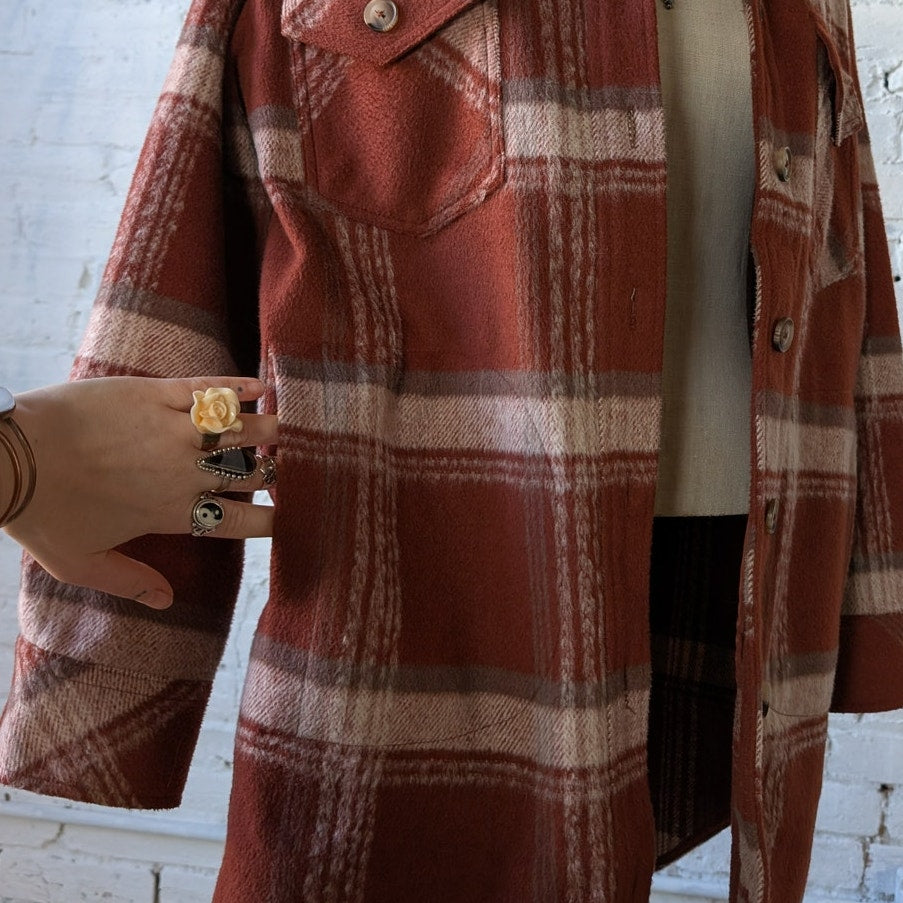 Red Plaid Flannel Jacket Gorpcore Utility Shacket Grunge Boho Chic Earthy Small