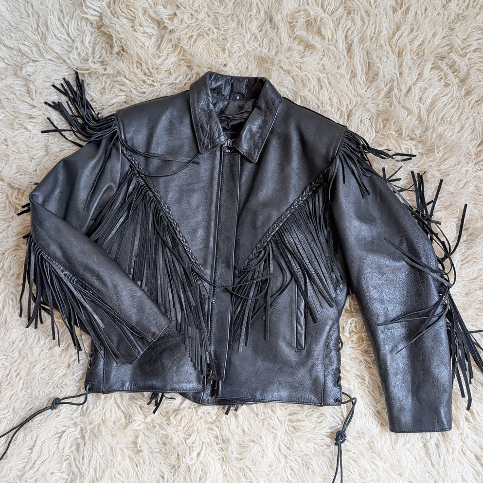 Vintage Black Leather Biker Jacket Fringe Sexy Moto Cowgirl Western Coat Small