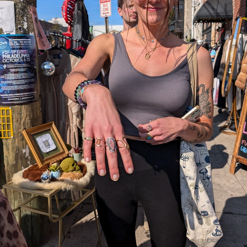 Neutral Cream Grey Sterling Silver Ring Retro Vintage Boho Natural Stone Size 8