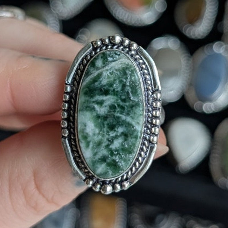 Green Swirl Oval Sterling Silver Ring Retro Vintage Boho Natural Stone Size 8