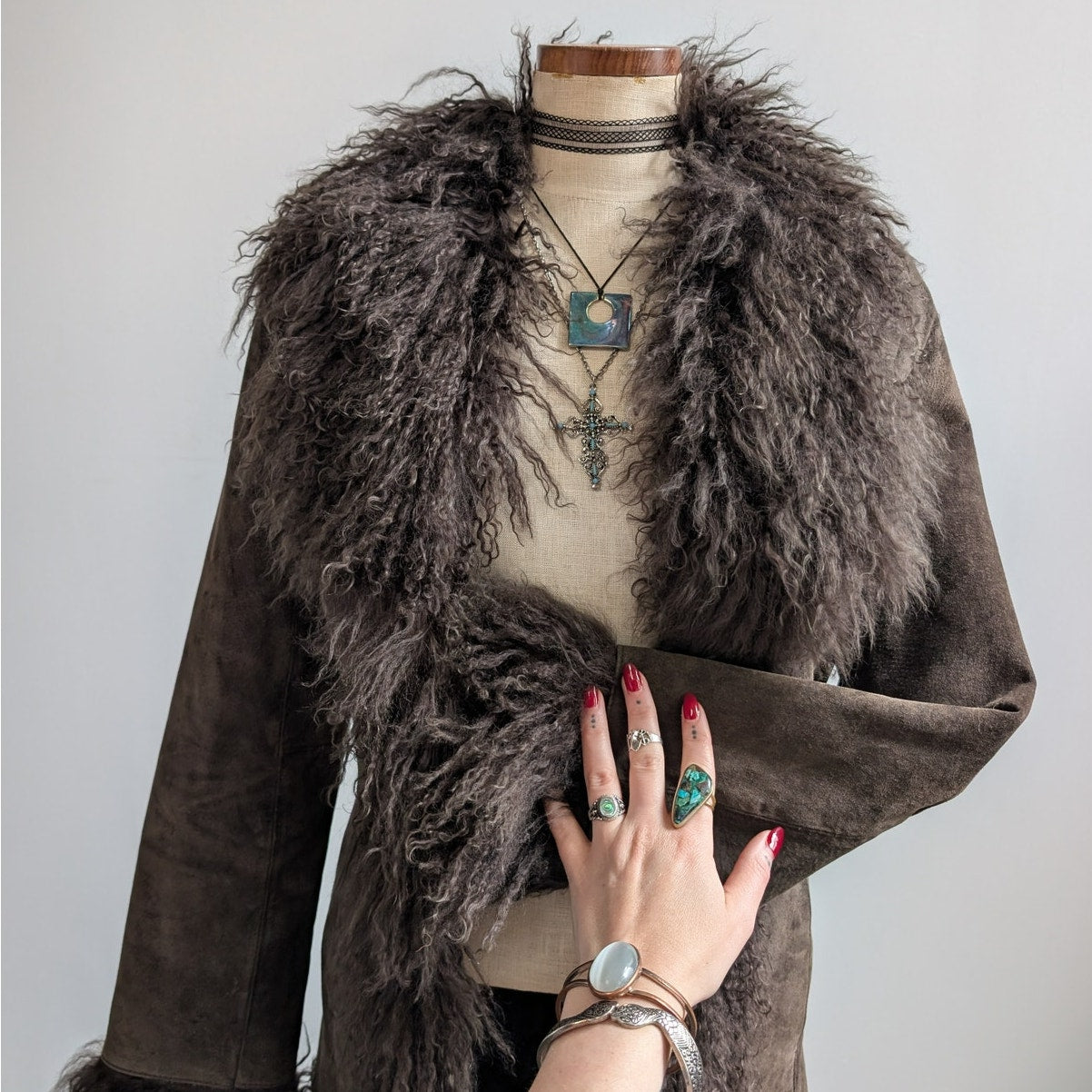 Vintage Brown Suede Penny Lane Jacket Fur Shag Leather Groovy Trench Coat Medium