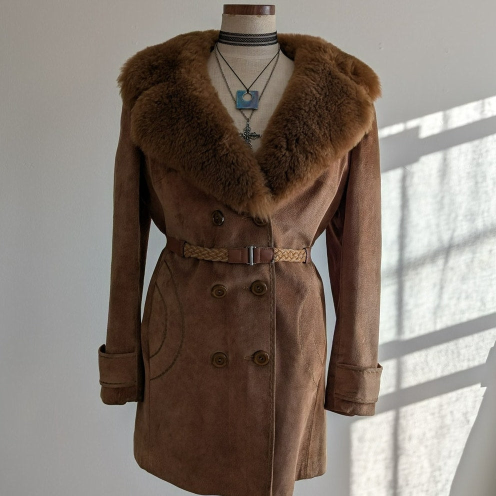 Vintage Brown Suede Penny Lane Coat Fur 70s Leather Jacket Boho Afghan Medium