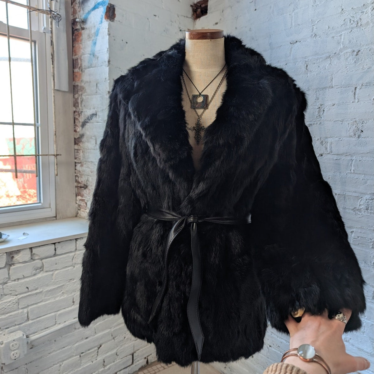 Vintage Jet Black Fur Coat Leather Belted Minimalist Rabbit Furry Fuzzy Jacket
