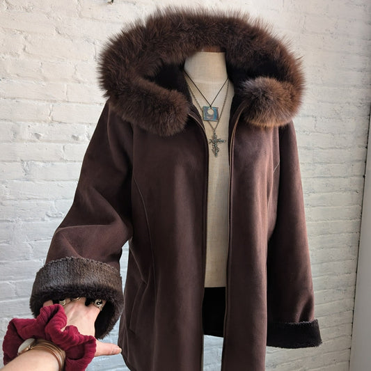Vintage Brown Faux Suede Fox Fur Trim Coat Minimalist Mini Trench Boho Jacket