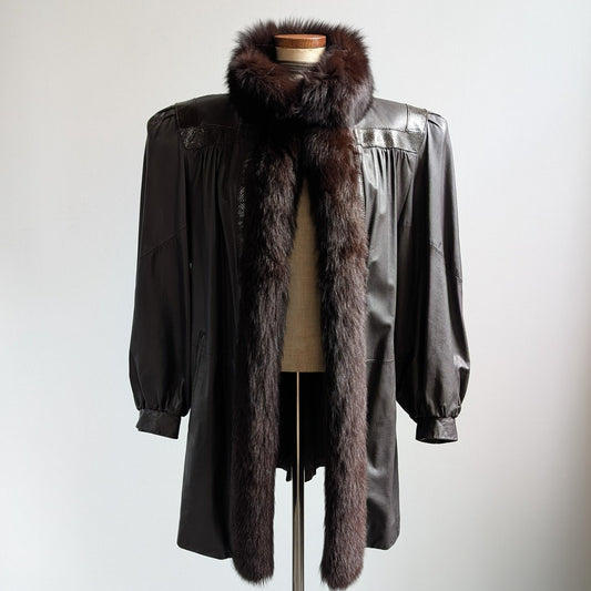 Vintage Black Leather Trench Coat Fur Penny Lane Jacket Goth Minimalist Large