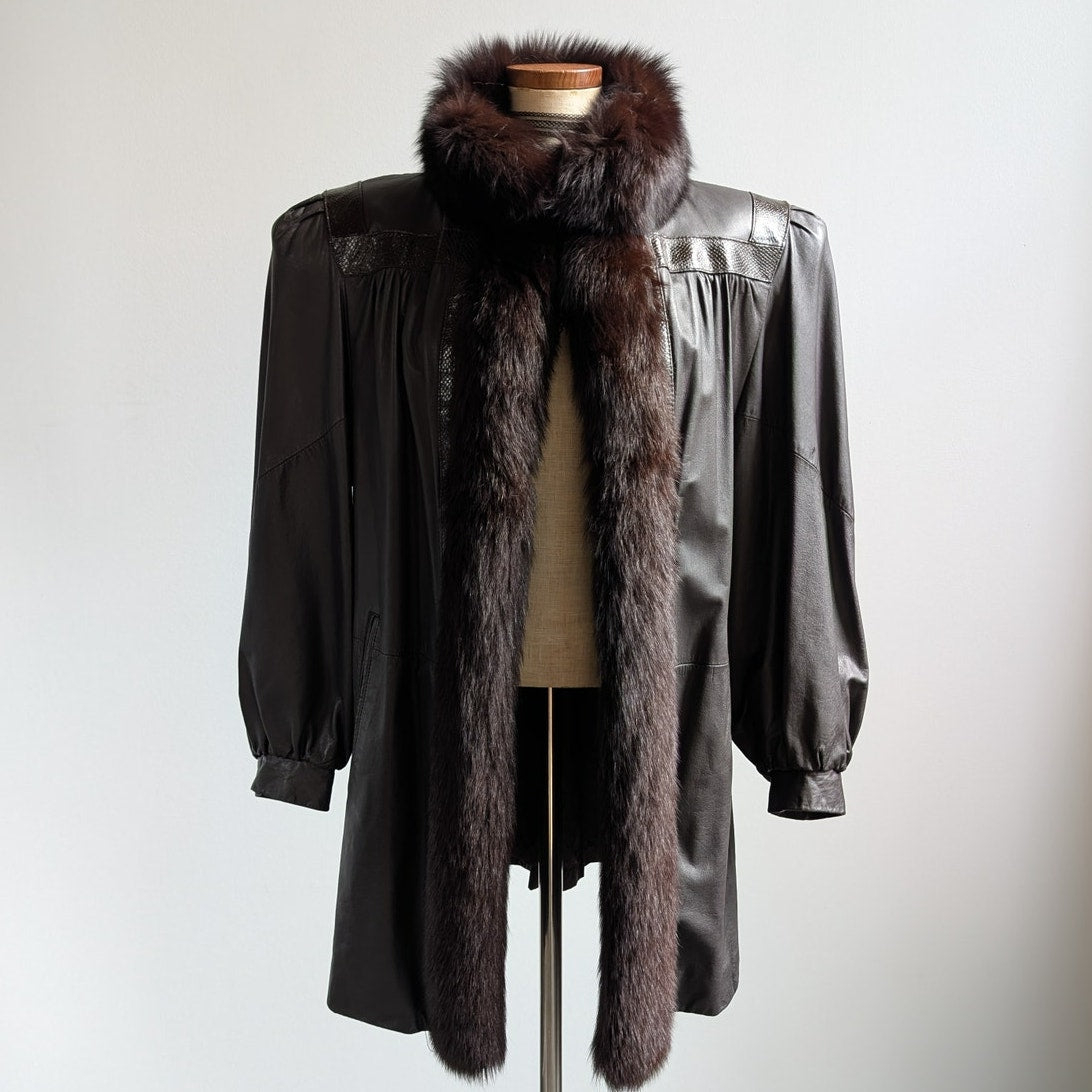 Vintage Black Leather Trench Coat Fur Penny Lane Jacket Goth Minimalist Large