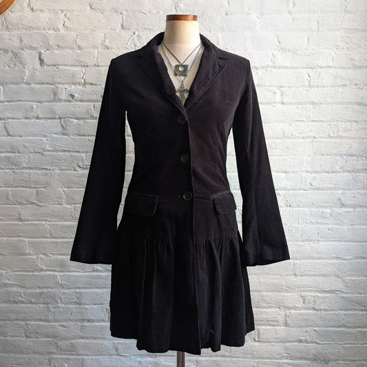 Y2K Vintage Black Velvet Corduroy Trench Coat Ruffle Flare Minimalist Shacket