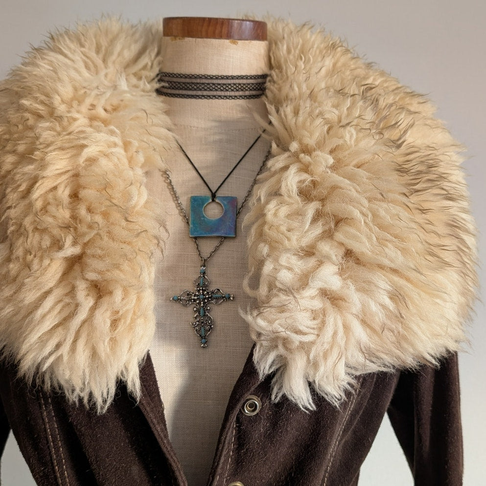 Vintage 70s Brown Suede Jacket Penny Lane Coat Shearling Fur Trim Western Small