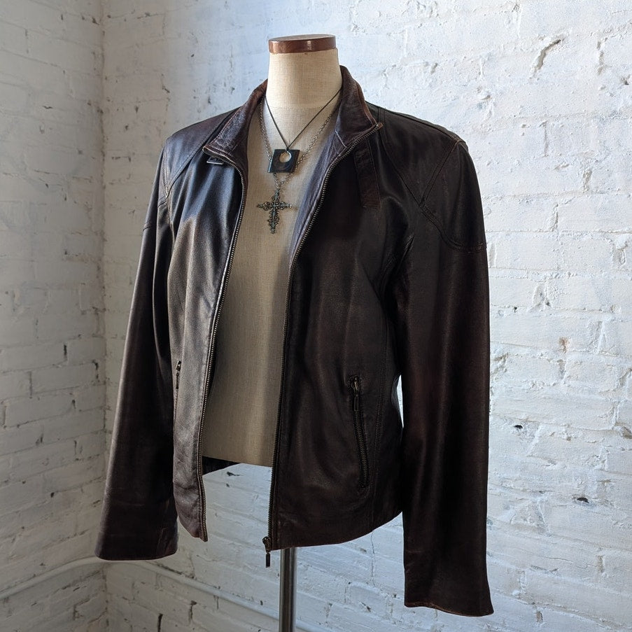 Vintage Brown Leather Moto Jacket Genuine Italian Chic Baddie Biker Bomber Coat
