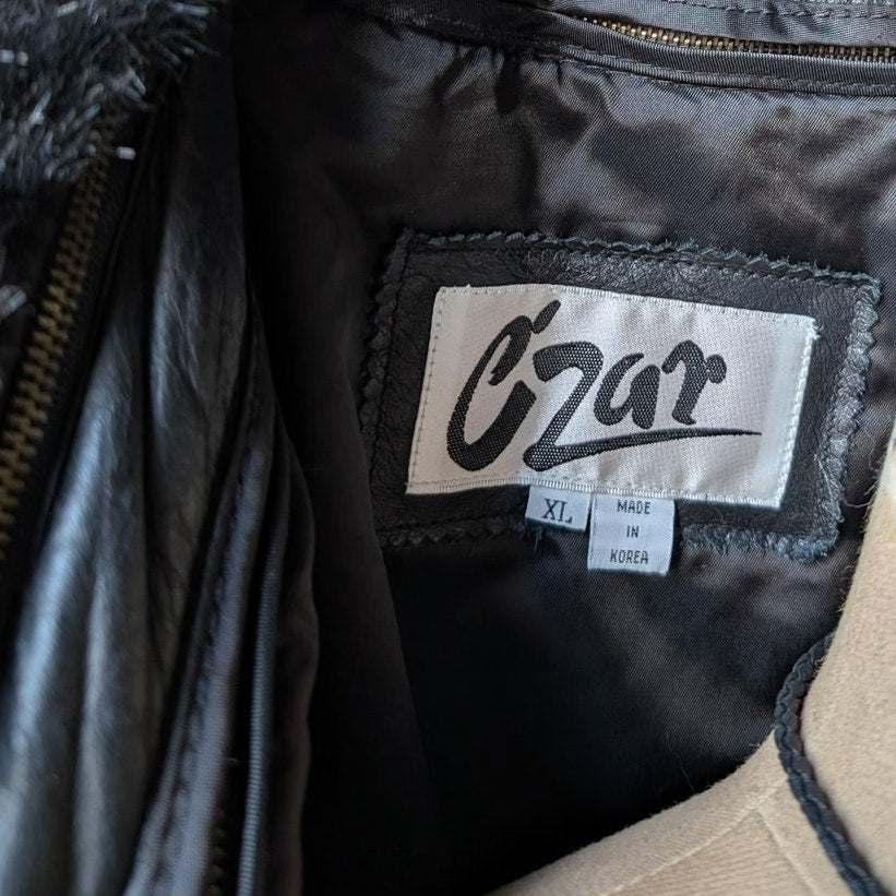 Vintage Black Leather Penny Lane Coat Faux Fur Trench Minimalist Goth Jacket