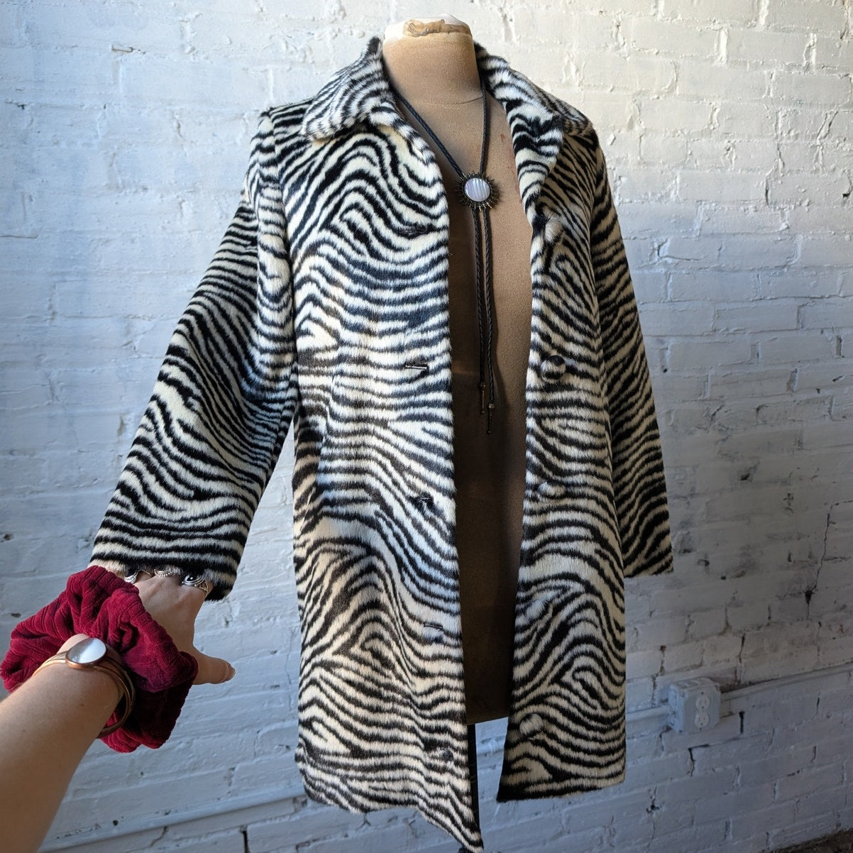 Designer Animal Print Faux Fur Trench Coat Retro Zebra Tiger Stripe Furry Jacket