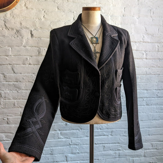 Vintage Black Wool Western Blazer Cropped Jacket Minimalist Coat Cowgirl Medium