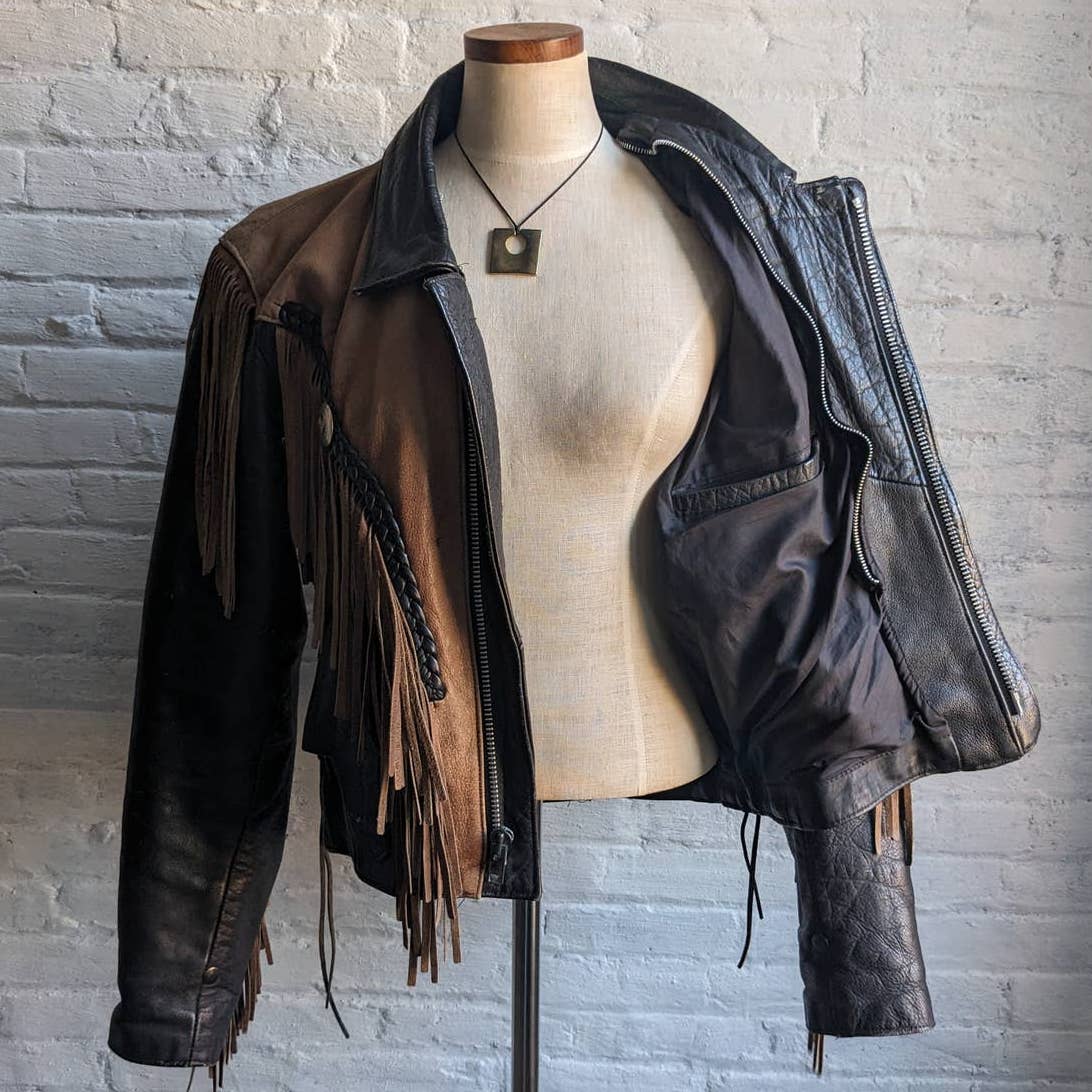 Vintage Two Tone Southwest Leather Fringe Biker Jacket Concho Motorcycle Western