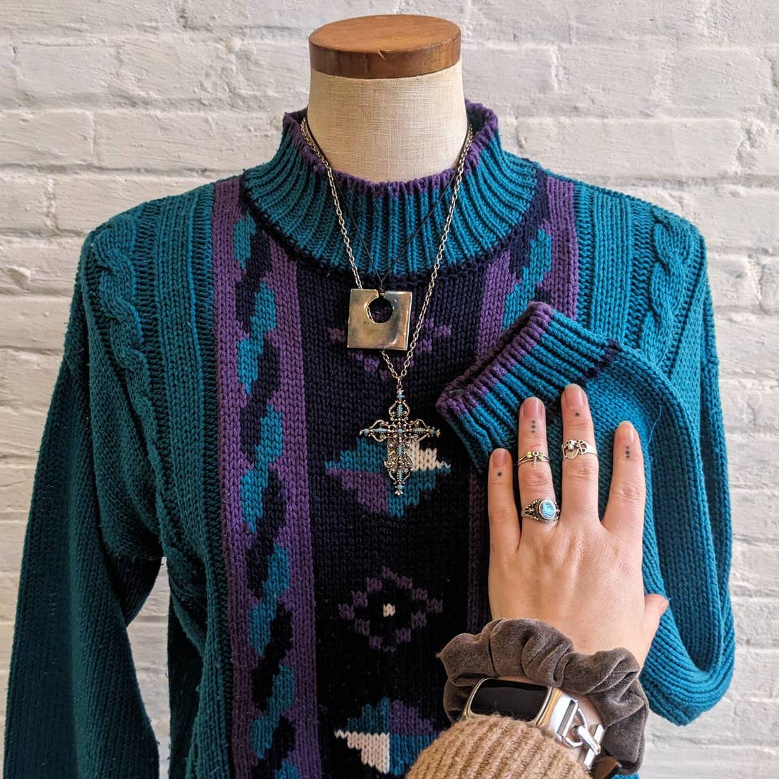 90s Vintage Chunky Knit Southwest Granny Sweater Colorblock Funky Western Top