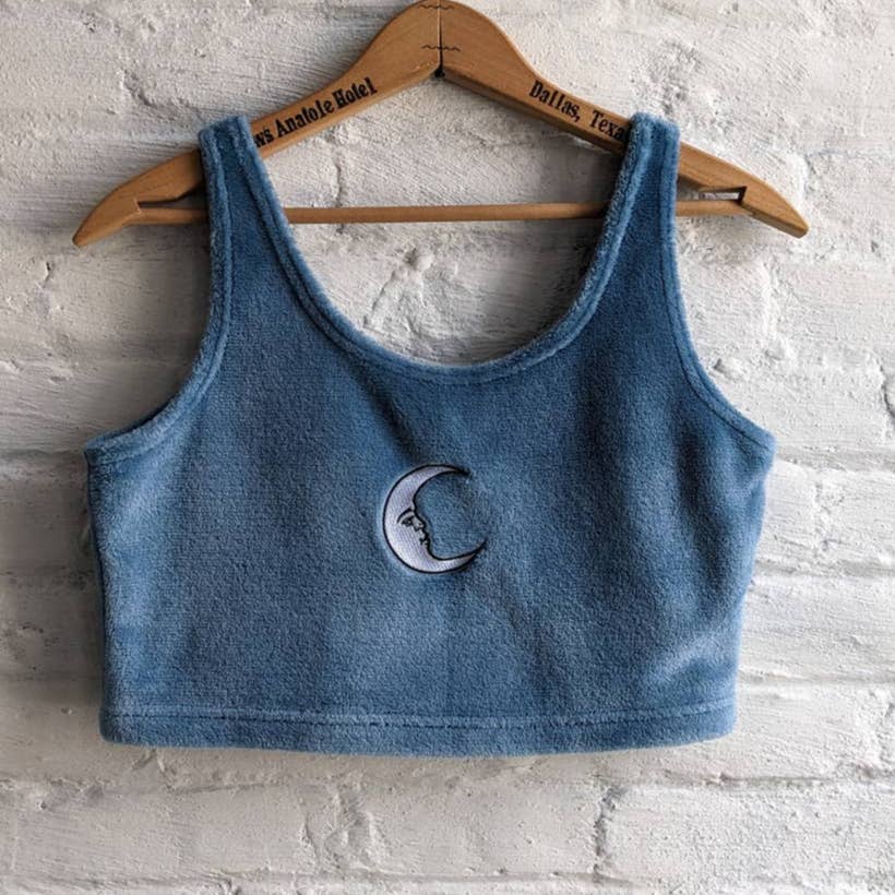 Y2K Vintage Witchy Moon Lunar Embroidered Muted Baby Blue Fleece Crop Top