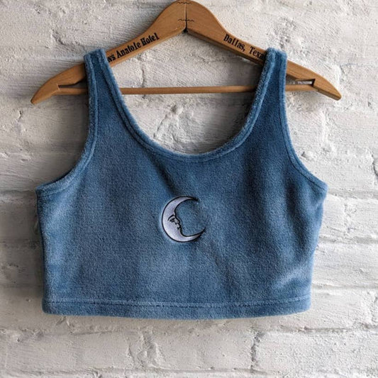 Y2K Vintage Witchy Moon Lunar Embroidered Muted Baby Blue Fleece Crop Top