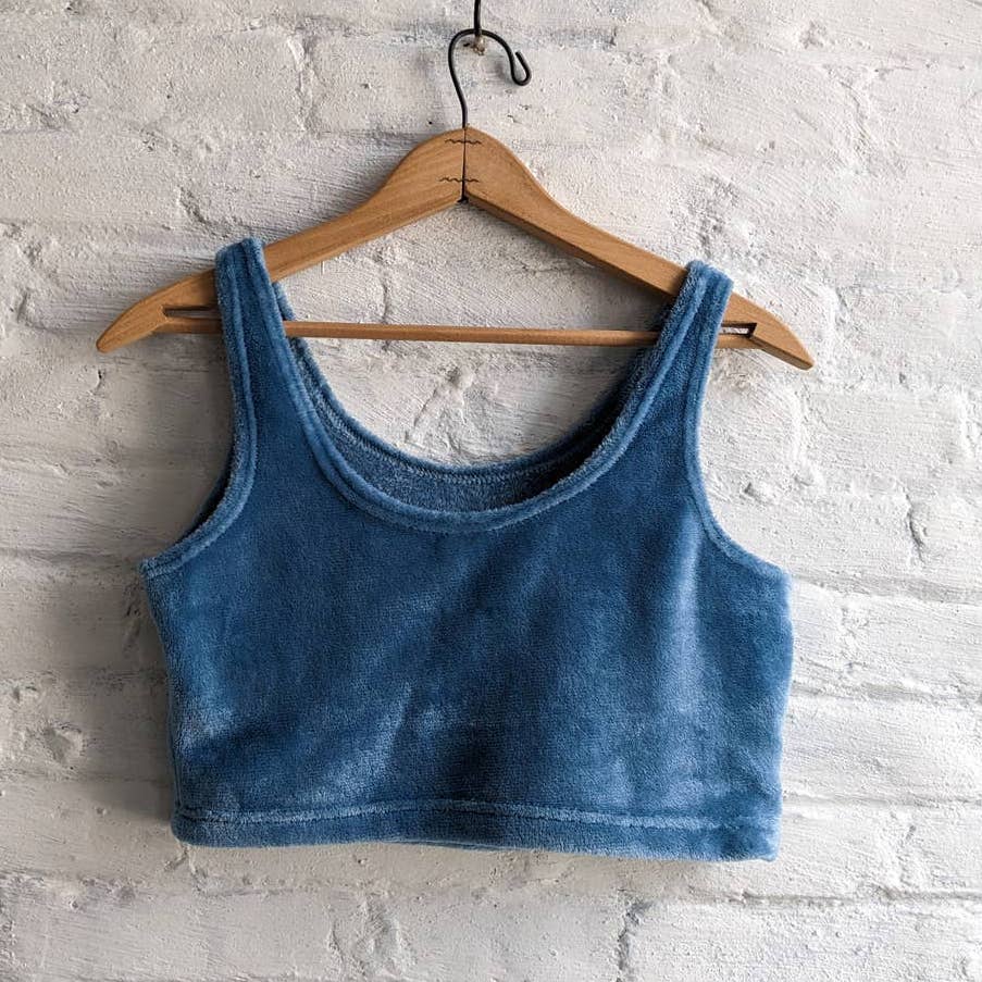 Y2K Vintage Witchy Moon Lunar Embroidered Muted Baby Blue Fleece Crop Top