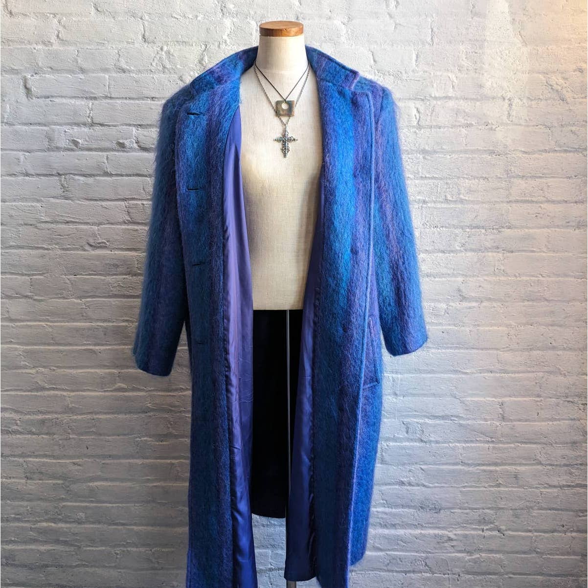 90s Vintage Blue Striped Mohair Wool Trench Coat Funky Shaggy Fuzzy Furry Jacket