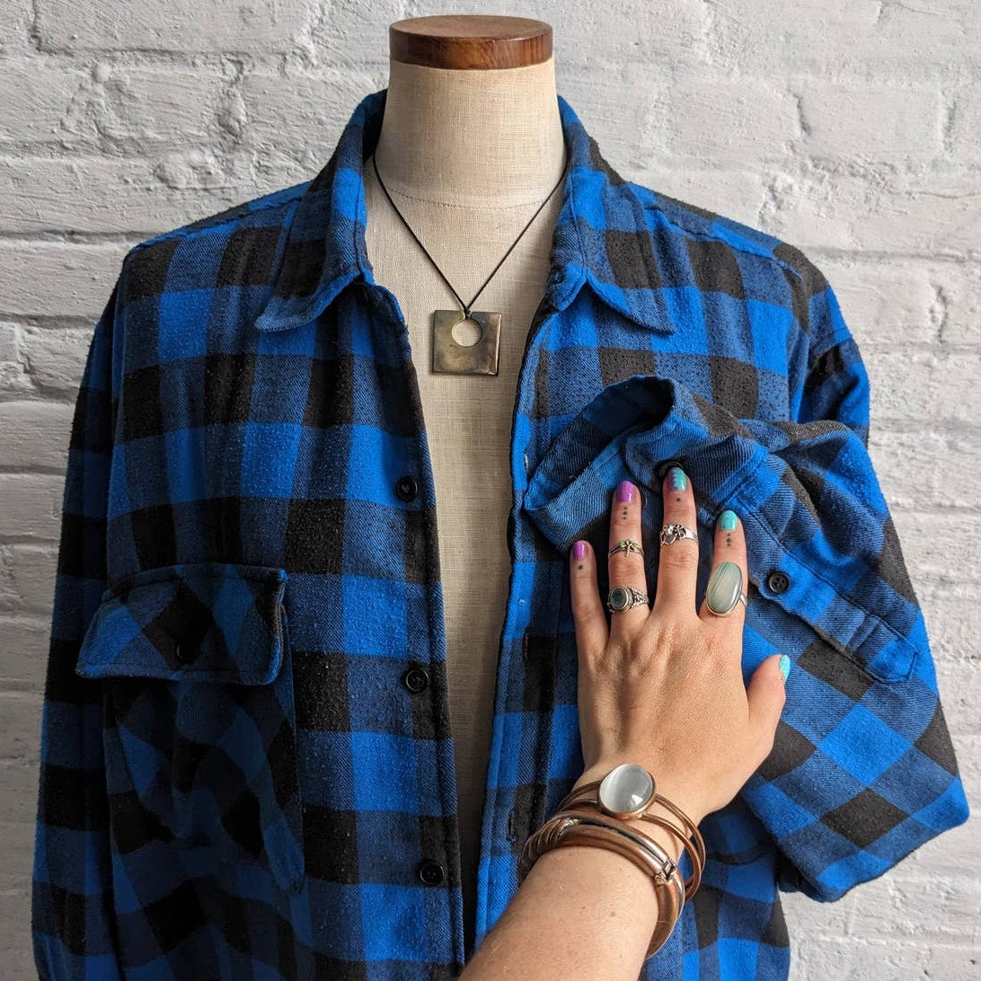 Y2K Vintage Blue Plaid Flannel Utility Blanket Thermal Oversize Coat Jacket