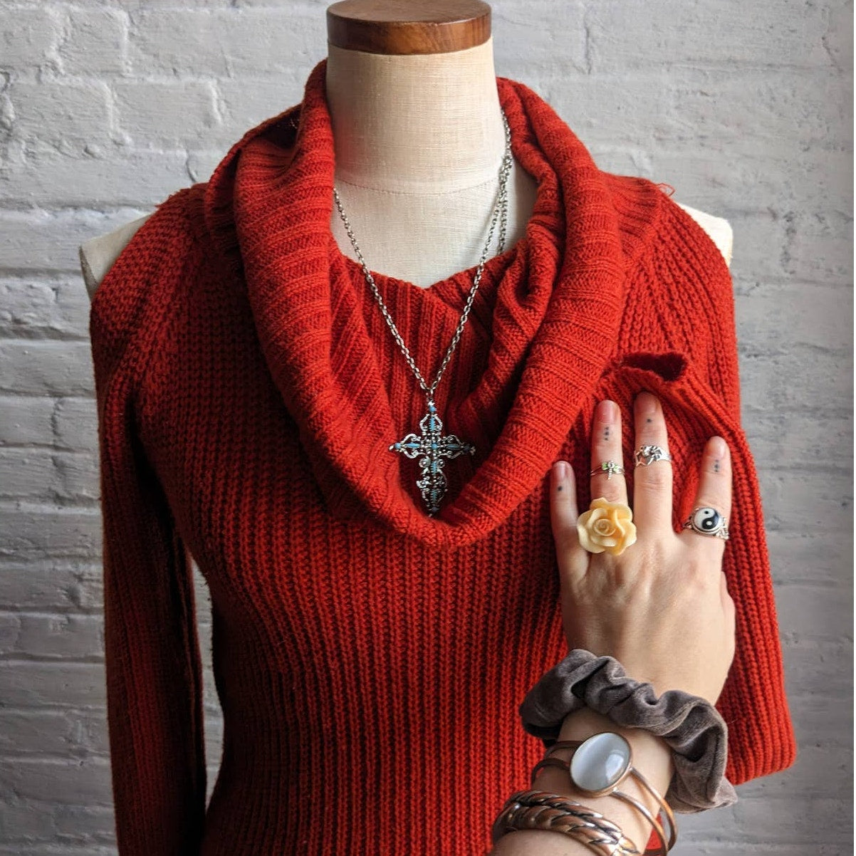 Vintage Red Chunky Knit Sweater Dress Sexy Minimalist Chic Cutout Mini Dress