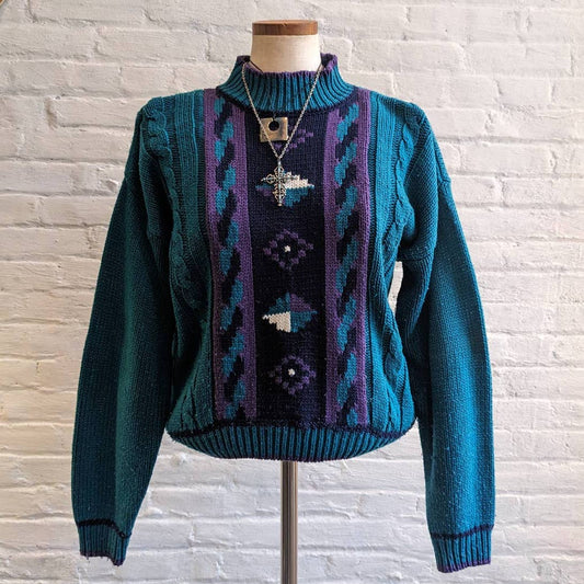 90s Vintage Chunky Knit Southwest Granny Sweater Colorblock Funky Western Top