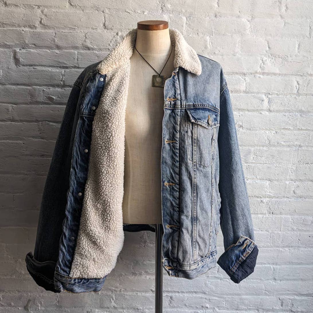 Y2K Vintage Denim 70s style Distressed Sherpa Bomber Aviator Thermal Jean Jacket