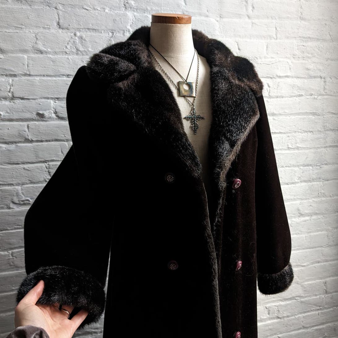 70s Vintage Vegan Velvet Fur Trench Coat Mob Wife Black Brown Penny Lane Jacket