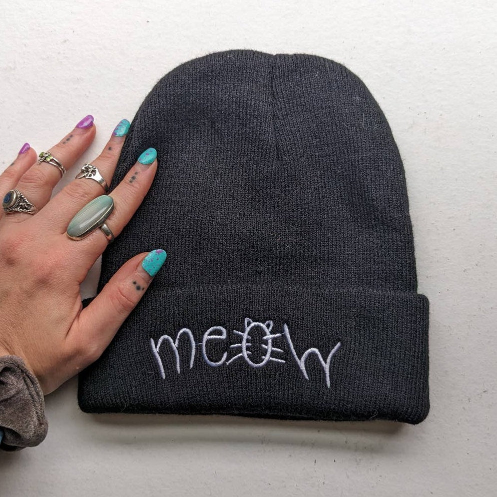 Y2K Kawaii Black Cat Meow Embroidered Beanie Ribbed Kitty Minimalist Grunge Hat