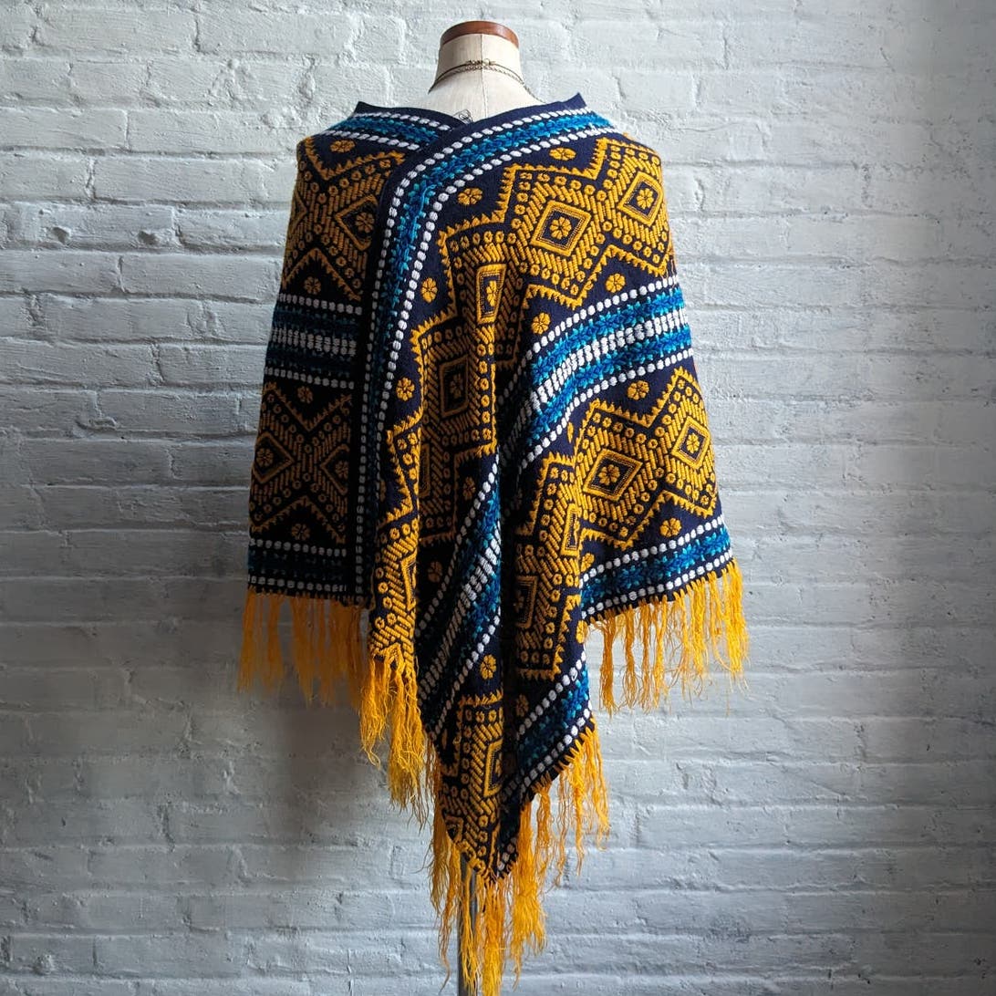 70s Vintage Woven Southwest Blanket Poncho Handmade Hippie Fringe Trippy Vest