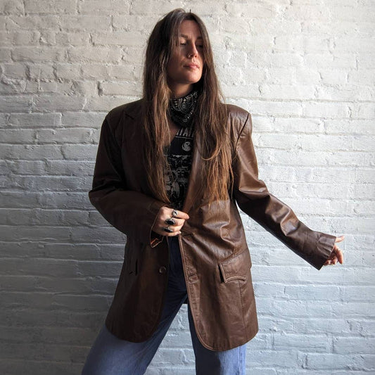 70s 80s Vintage Western Pioneer Wear Leather Duster Rust Brown Blazer Jacket