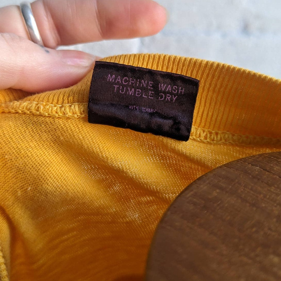 Vintage Yellow Crewneck Longsleeve Tee Thrashed Print Single Stitch Tshirt Top