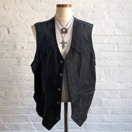 Vintage Black Genuine Leather Biker Vest Grunge Goth Moto Western Motorcycle Top
