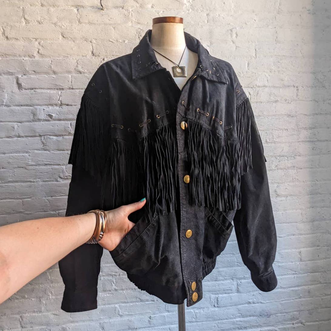 Vintage Black Suede Leather Fringe Biker Jacket Western Genuine Leather Coat