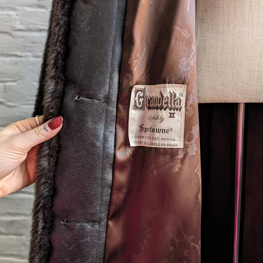 70s Vintage Vegan Mink Fur Trench Coat Mob Wife Black Brown Penny Lane Jacket