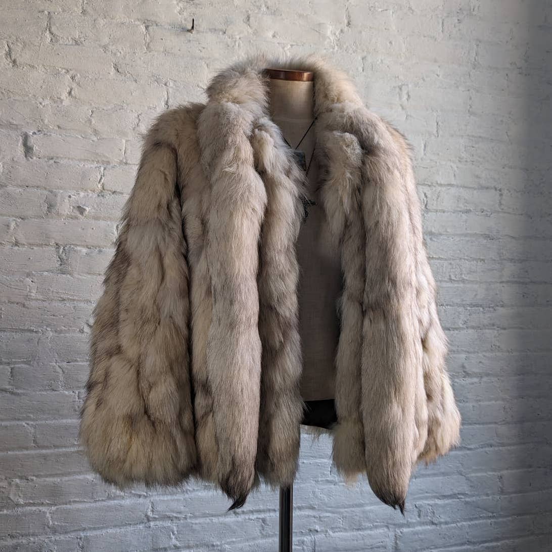 60s 70s Vintage Fluffy Furry Genuine Fox Fur Oversize Jacket Fox Tail Scarf Coat